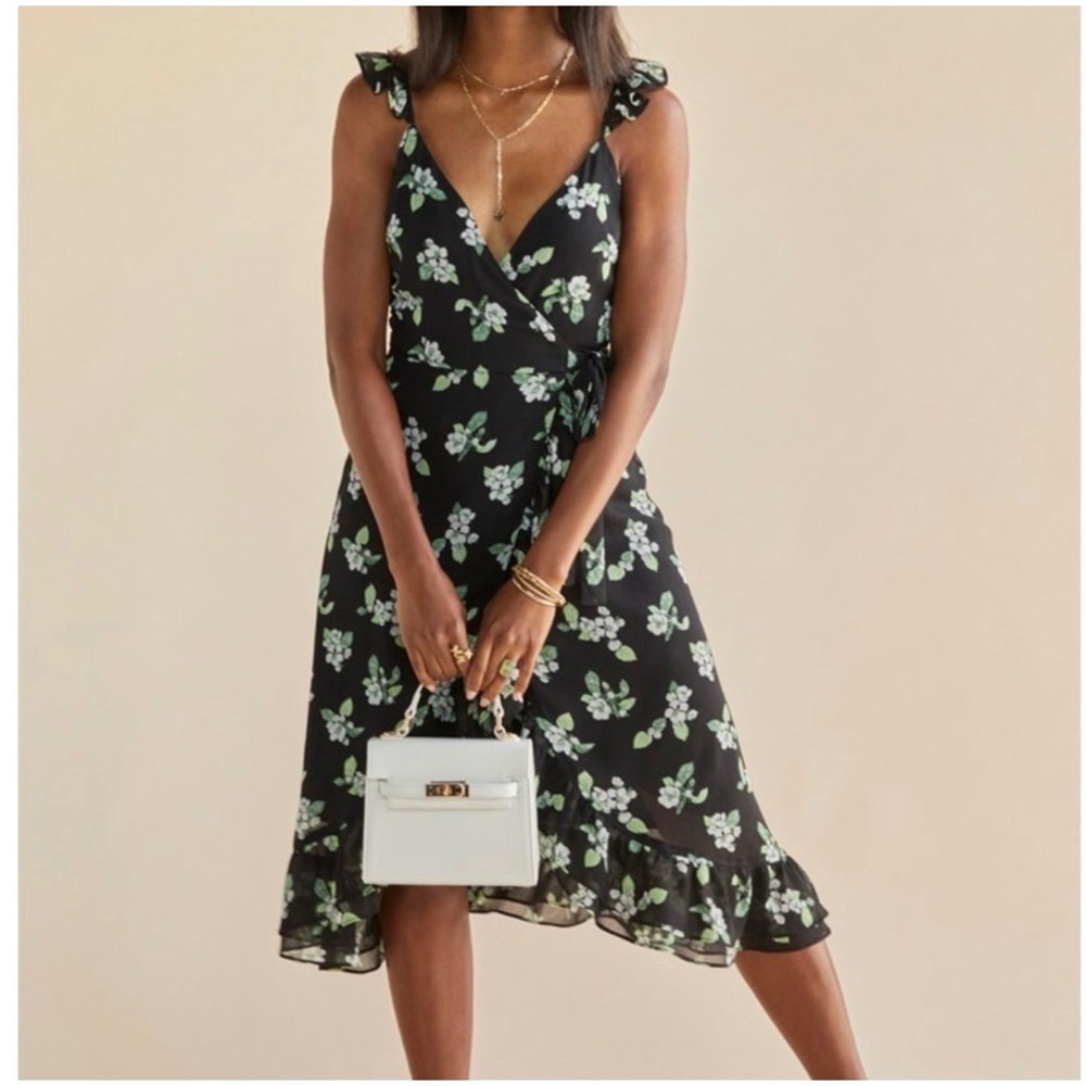 Francesca's Audrey Parks Floral Wrap Midi Dress Black Ruffle Cottage S NWT‎ Boho